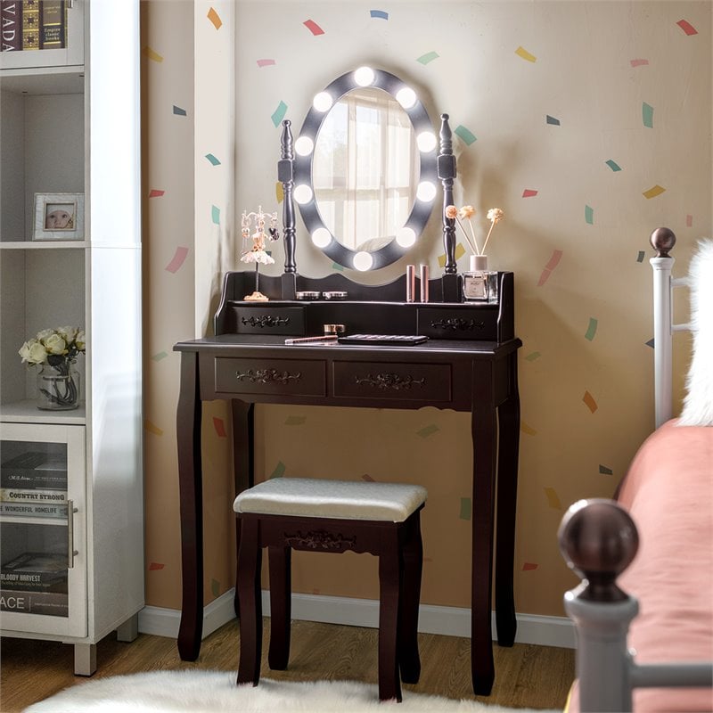 Costway Contemporary P2 MDF Vanity Dressing Table Set with 4 Drawers in Brown