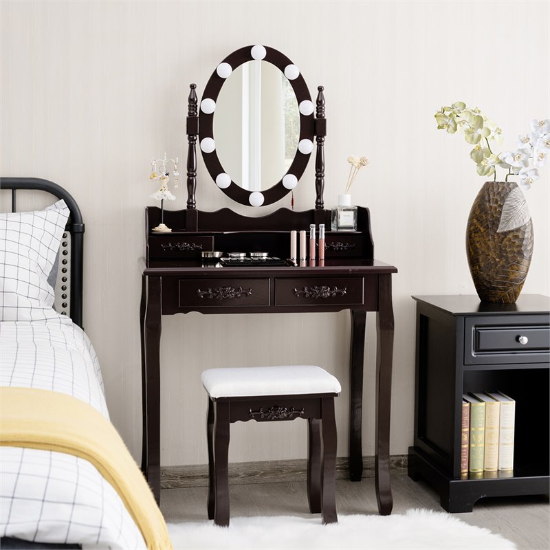 Costway Contemporary P2 MDF Vanity Dressing Table Set with 4 Drawers in Brown