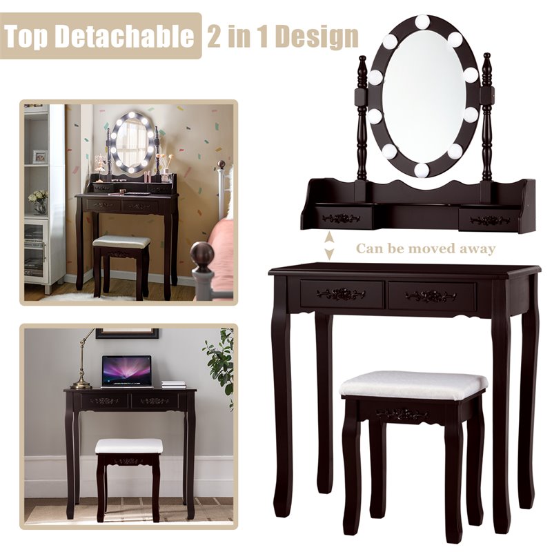 Costway Contemporary P2 MDF Vanity Dressing Table Set with 4 Drawers in Brown