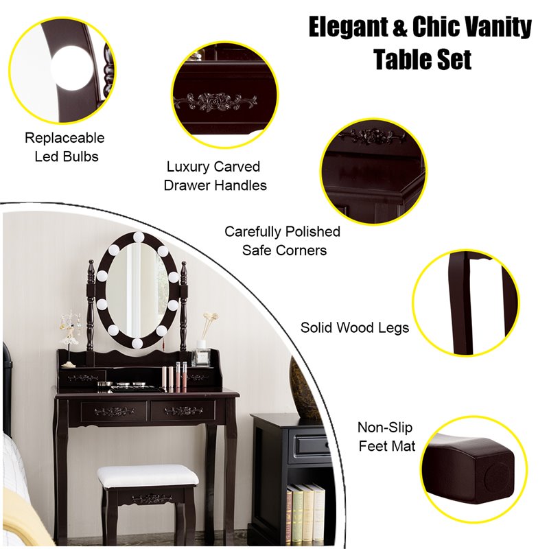 Costway Contemporary P2 MDF Vanity Dressing Table Set with 4 Drawers in Brown