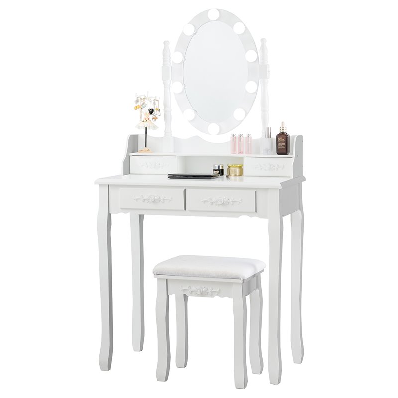 Costway Contemporary P2 MDF Vanity Dressing Table Set with 4 Drawers in White