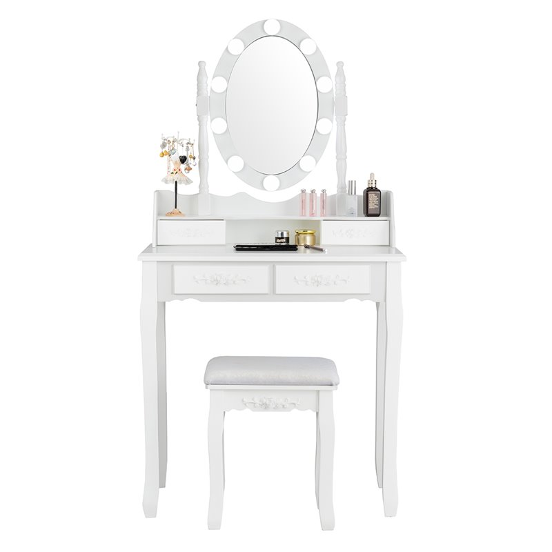 Costway Contemporary P2 MDF Vanity Dressing Table Set with 4 Drawers in White