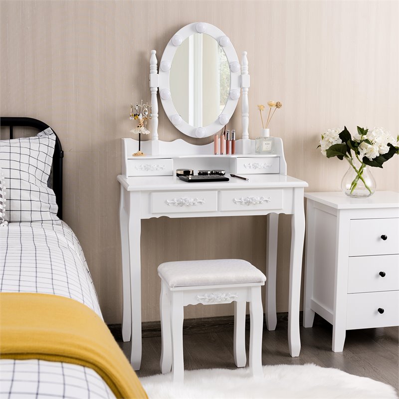 Costway Contemporary P2 MDF Vanity Dressing Table Set with 4 Drawers in White