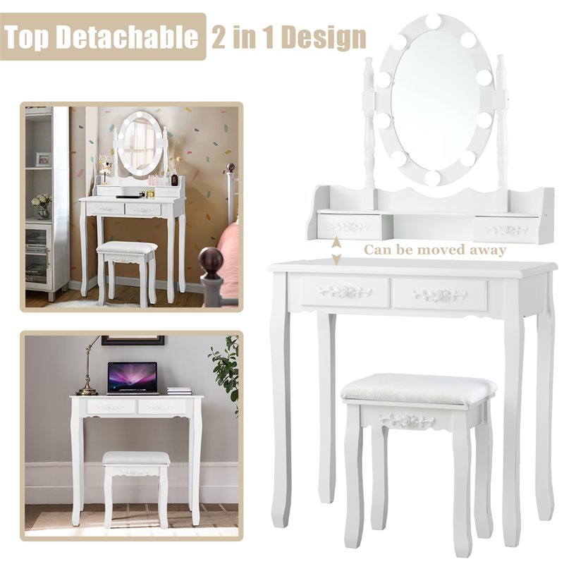 Costway Contemporary P2 MDF Vanity Dressing Table Set with 4 Drawers in White