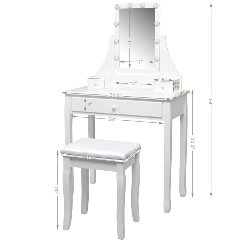 Costway Contemporary MDF and Pine Vanity Table Set with 3 Drawers in White