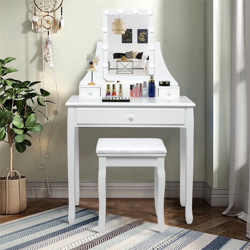 Costway Contemporary MDF and Pine Vanity Table Set with 3 Drawers in White