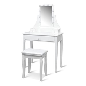 Costway Contemporary MDF and Pine Vanity Table Set with 3 Drawers in White