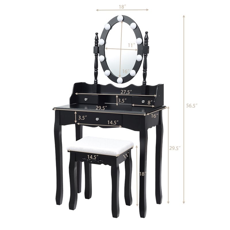 Costway Contemporary MDF Vanity Dressing Table Set with 2 Side Drawers in Black