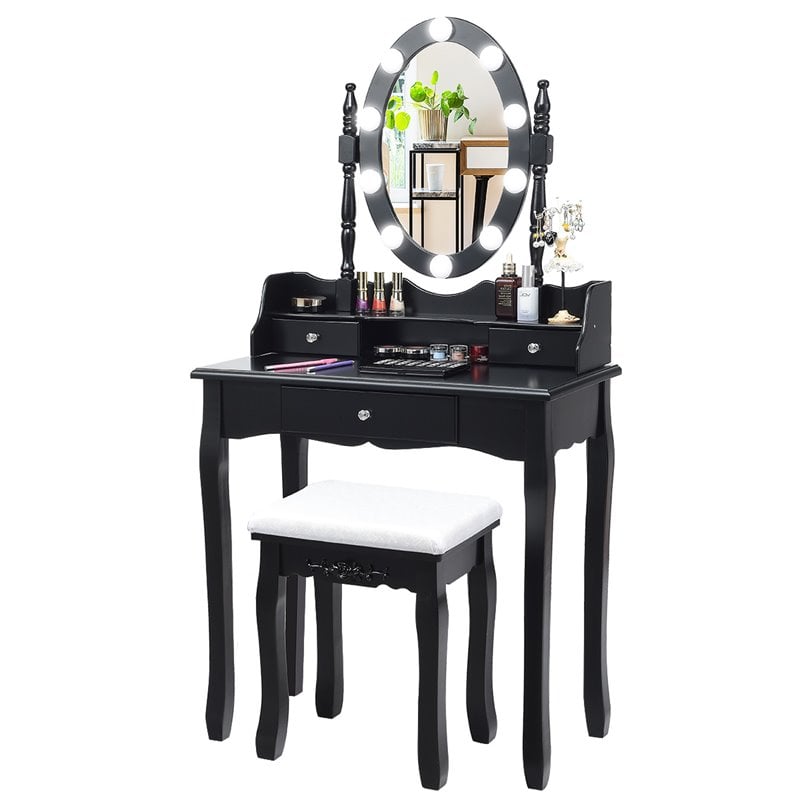Costway Contemporary MDF Vanity Dressing Table Set with 2 Side Drawers in Black