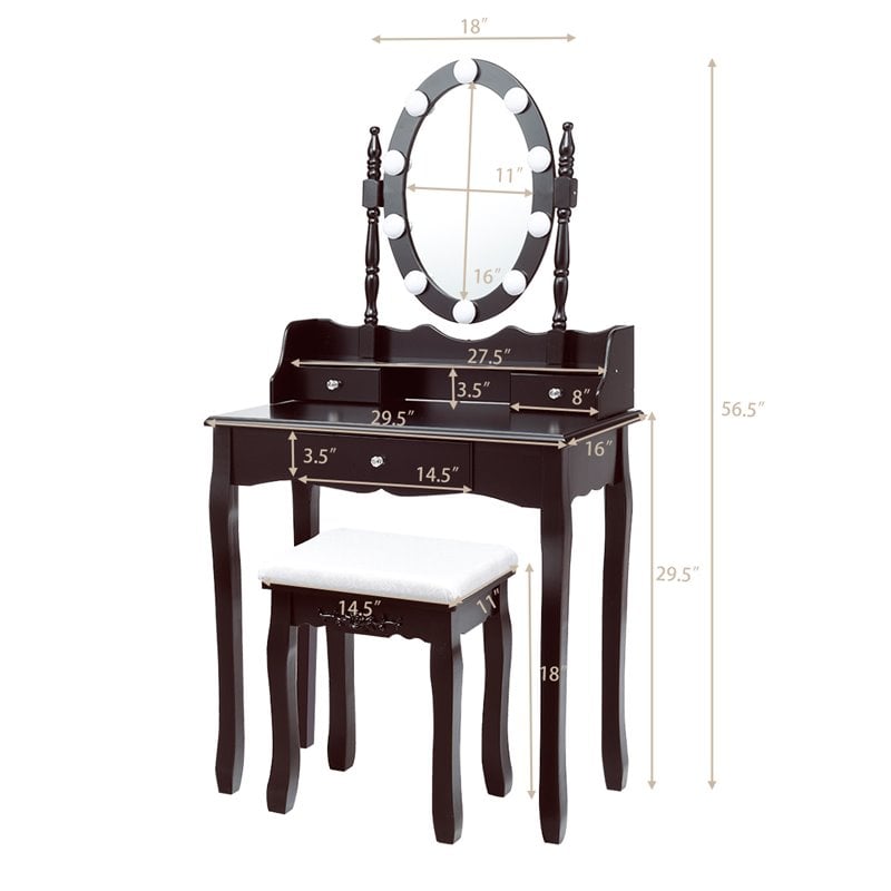 Costway Contemporary MDF Vanity Dressing Table Set with 2 Side Drawers in Brown