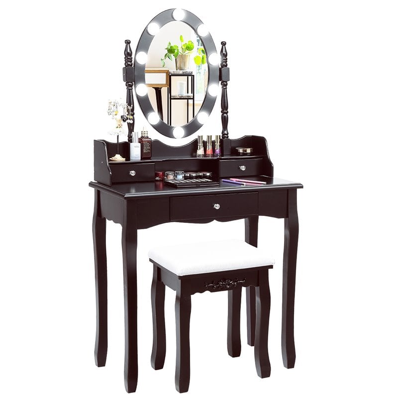 Costway Contemporary MDF Vanity Dressing Table Set with 2 Side Drawers in Brown