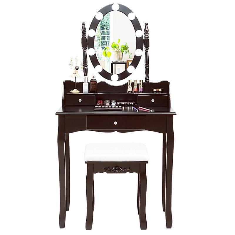 Costway Contemporary MDF Vanity Dressing Table Set with 2 Side Drawers in Brown