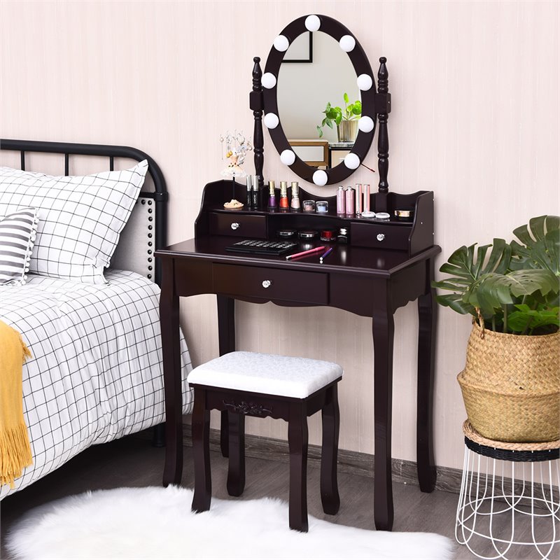 Costway Contemporary MDF Vanity Dressing Table Set with 2 Side Drawers in Brown