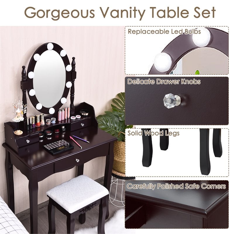 Costway Contemporary MDF Vanity Dressing Table Set with 2 Side Drawers in Brown