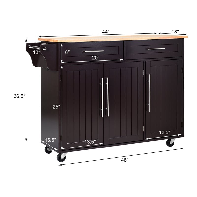 Costway MDF & Rubber Wood Kitchen Island Trolley Cart with Knife Block in Brown