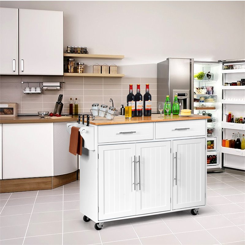 Costway MDF & Rubber Wood Kitchen Island Trolley Cart with Knife Block in White