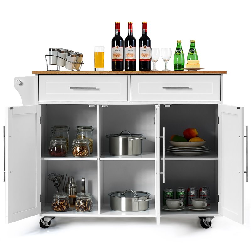 Costway MDF & Rubber Wood Kitchen Island Trolley Cart with Knife Block in White