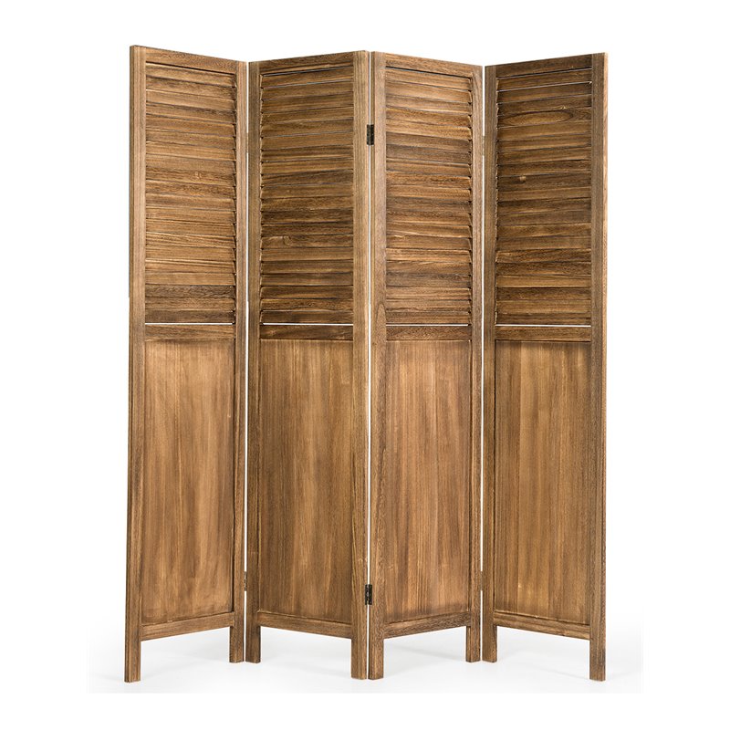 Costway 4-panel Contemporary Paulownia Folding Privacy Room Divider in Brown