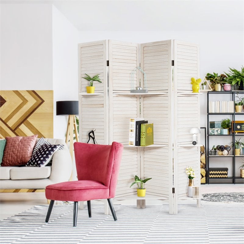 Costway 4-panel Contemporary Paulownia Folding Privacy Room Divider in White