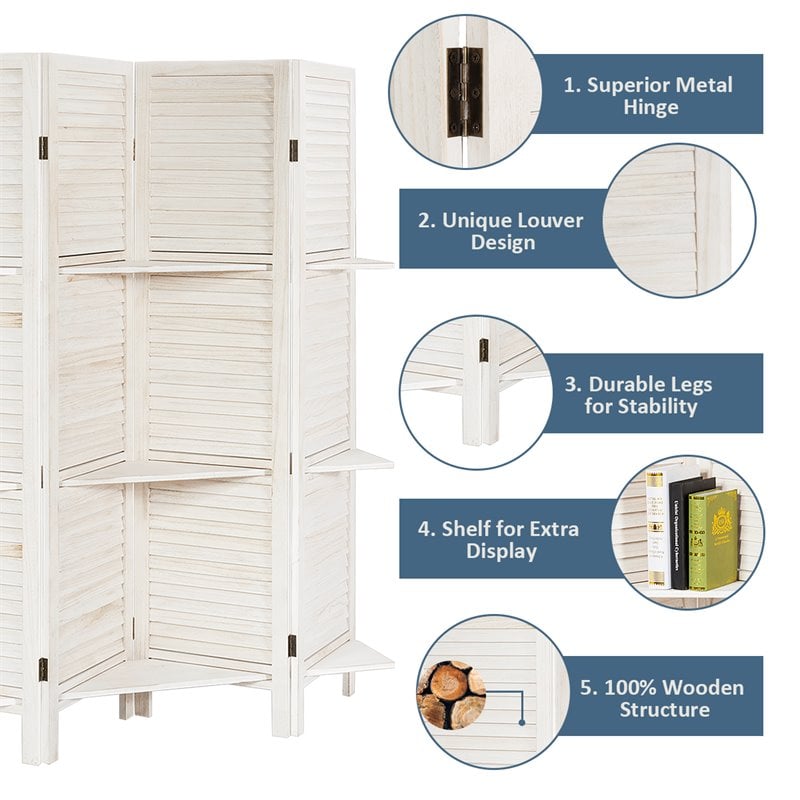 Costway 4-panel Contemporary Paulownia Folding Privacy Room Divider in White