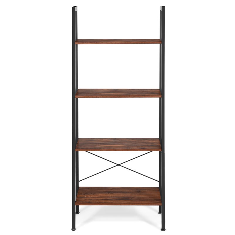 Costway 4-Tier Contemporary Wood and Metal Ladder Bookcase in Brown and Black