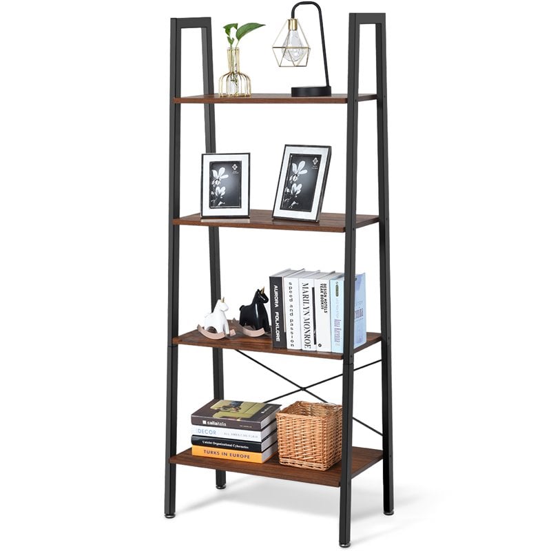 Costway 4-Tier Contemporary Wood and Metal Ladder Bookcase in Brown and Black