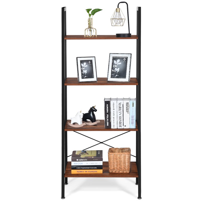 Costway 4-Tier Contemporary Wood and Metal Ladder Bookcase in Brown and Black