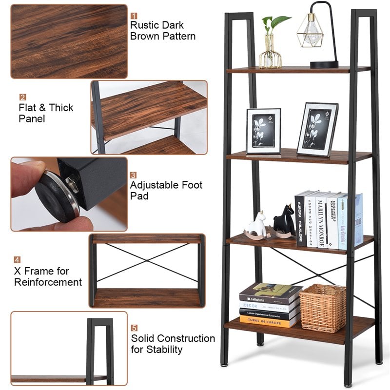 Costway 4-Tier Contemporary Wood and Metal Ladder Bookcase in Brown and Black