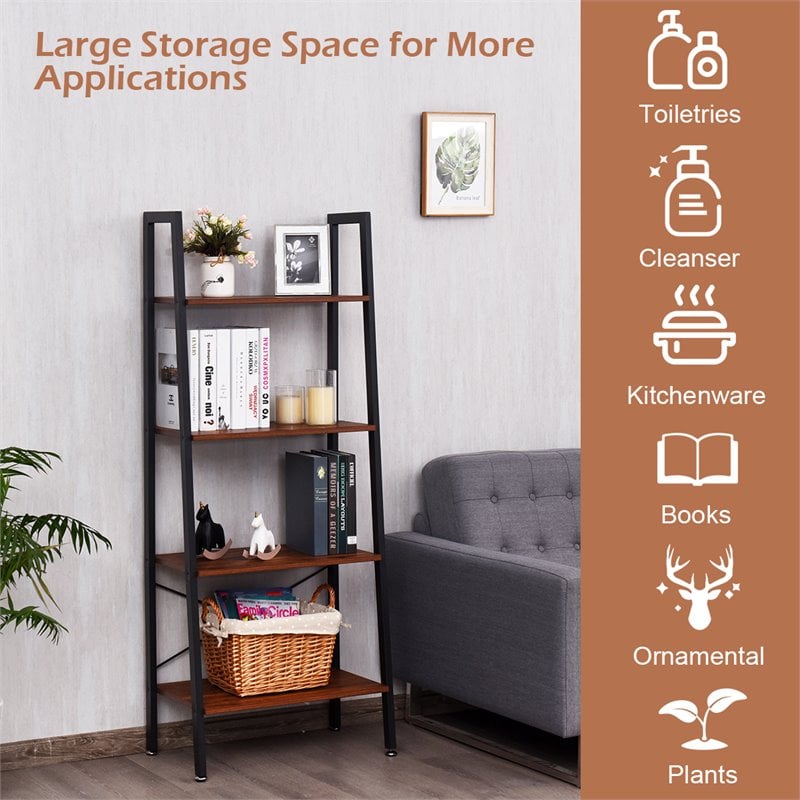 Costway 4-Tier Contemporary Wood and Metal Ladder Bookcase in Brown and Black