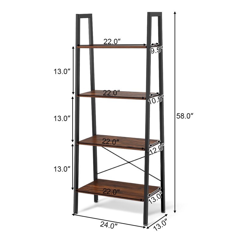 Costway 4-Tier Contemporary Wood and Metal Ladder Bookcase in Brown and Black