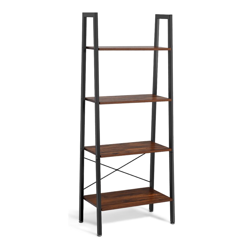 Costway 4-Tier Contemporary Wood and Metal Ladder Bookcase in Brown and Black