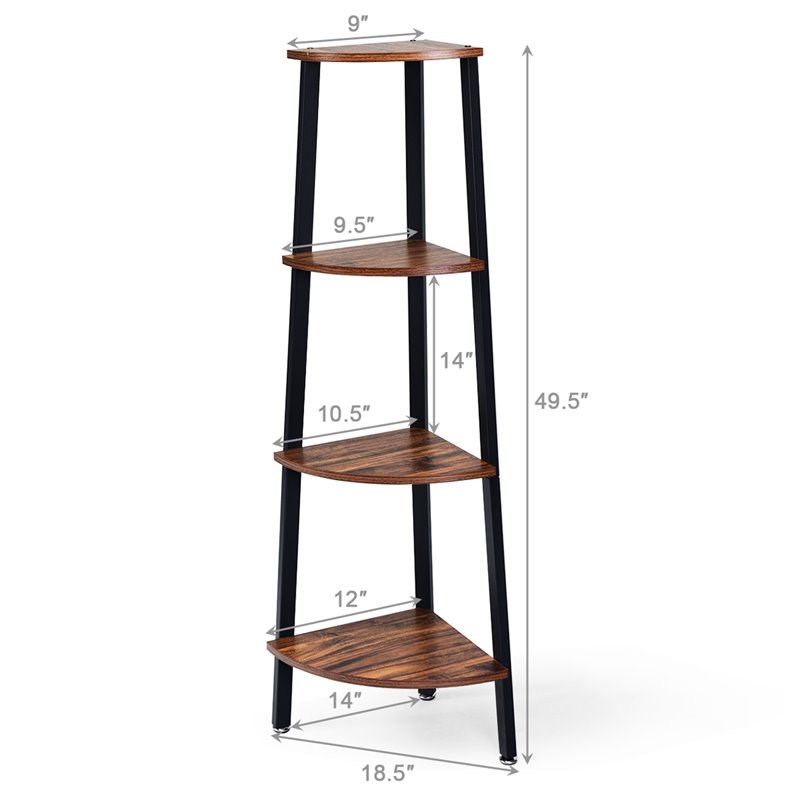 Costway 4-Tier Particle Board and Metal Corner Domestic Bookcase in Brown/Black