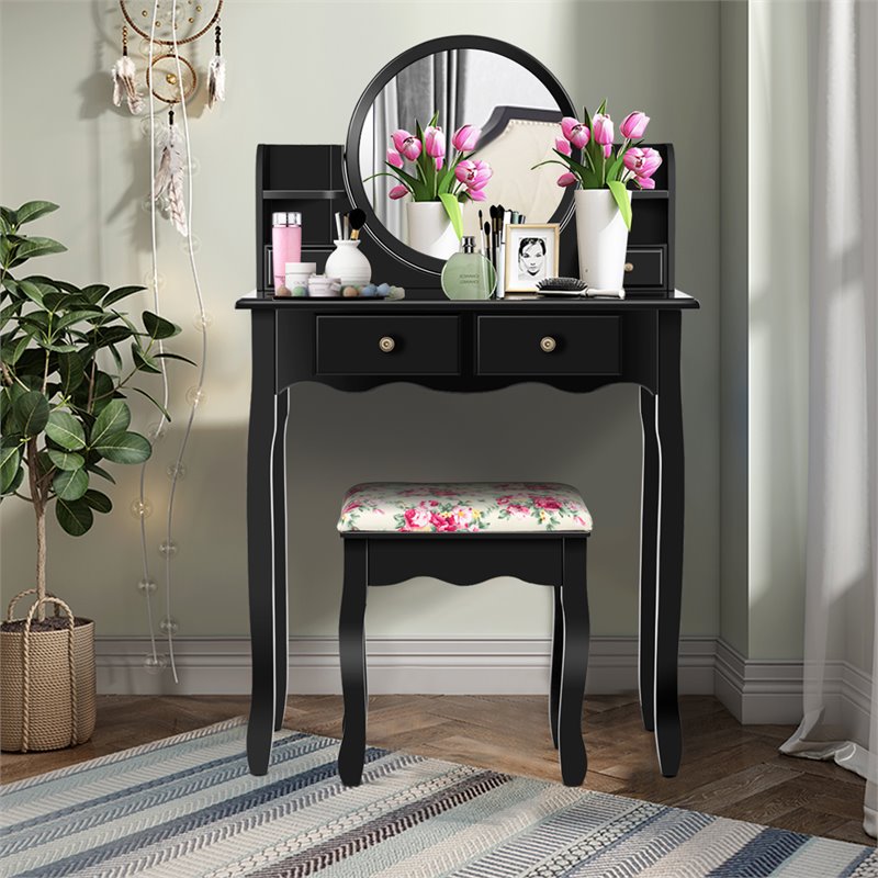 Costway Contemporary MDF and Wood Makeup Vanity Set with Oval Mirror in Black