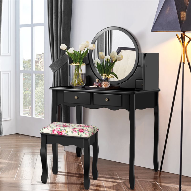 Costway Contemporary MDF and Wood Makeup Vanity Set with Oval Mirror in Black