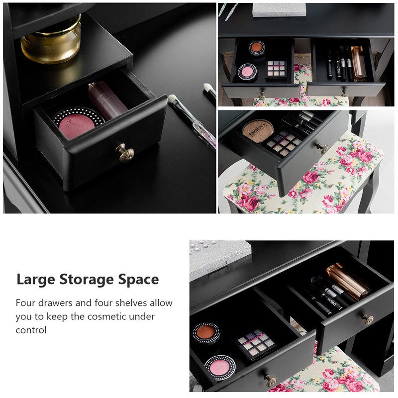 Costway Contemporary MDF and Wood Makeup Vanity Set with Oval Mirror in Black