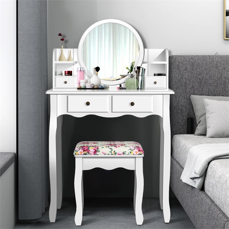 Costway Contemporary MDF and Wood Makeup Vanity Set with Oval Mirror in White