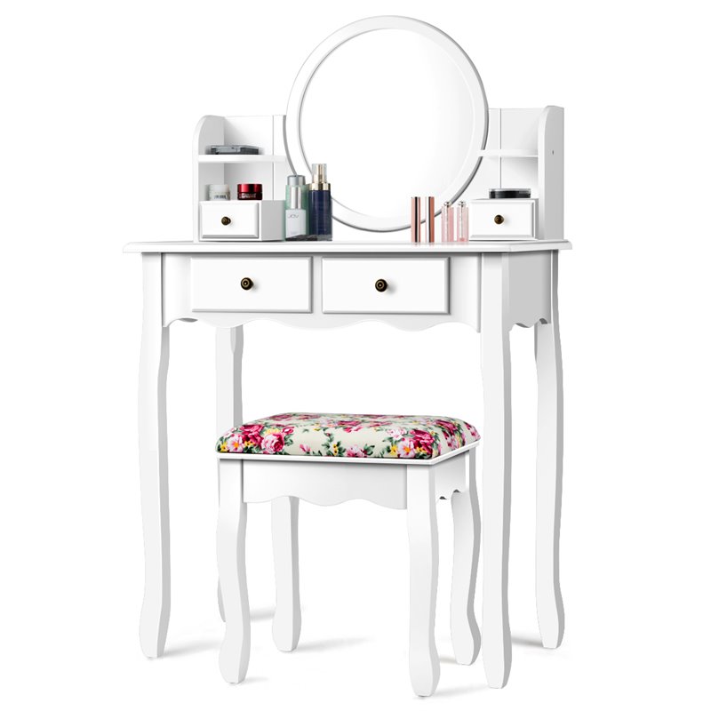Costway Contemporary MDF and Wood Makeup Vanity Set with Oval Mirror in White