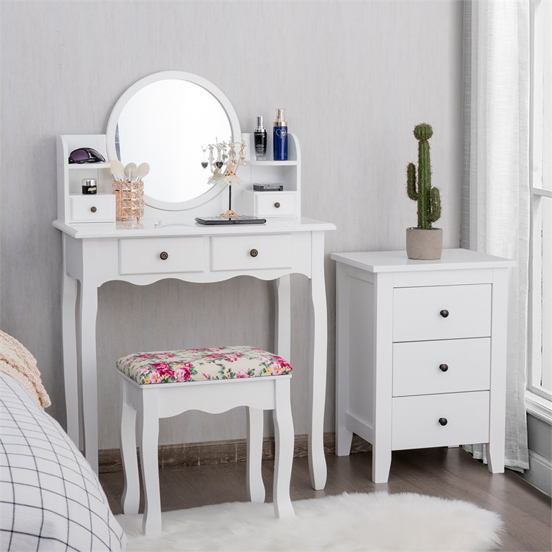 Costway Contemporary MDF and Wood Makeup Vanity Set with Oval Mirror in White