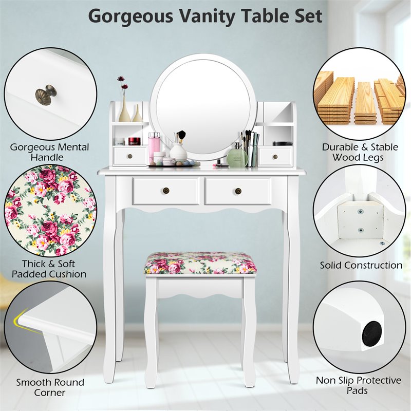 Costway Contemporary MDF and Wood Makeup Vanity Set with Oval Mirror in White