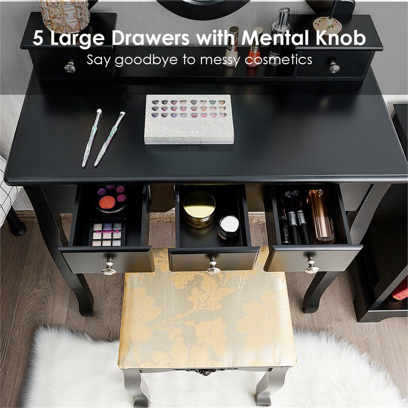 Costway MDF and Wood Vanity Dressing Table Set with Stool & Oval Mirror in Black