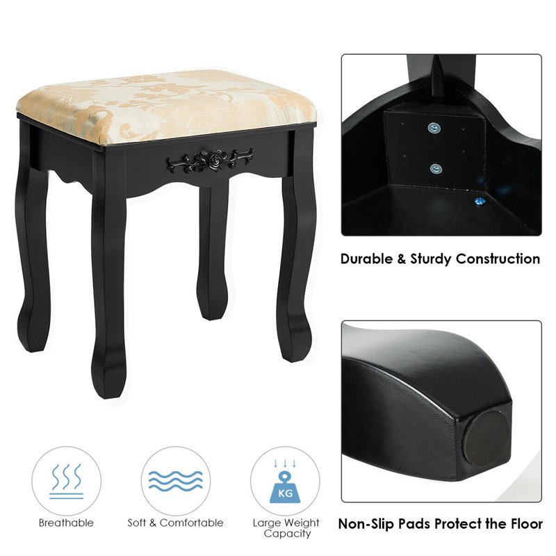 Costway MDF and Wood Vanity Dressing Table Set with Stool & Oval Mirror in Black