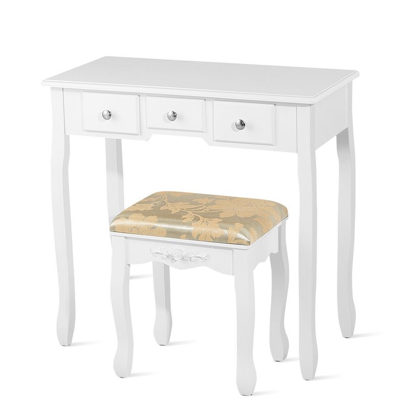 Costway MDF and Wood Vanity Dressing Table Set with Stool & Oval Mirror in White