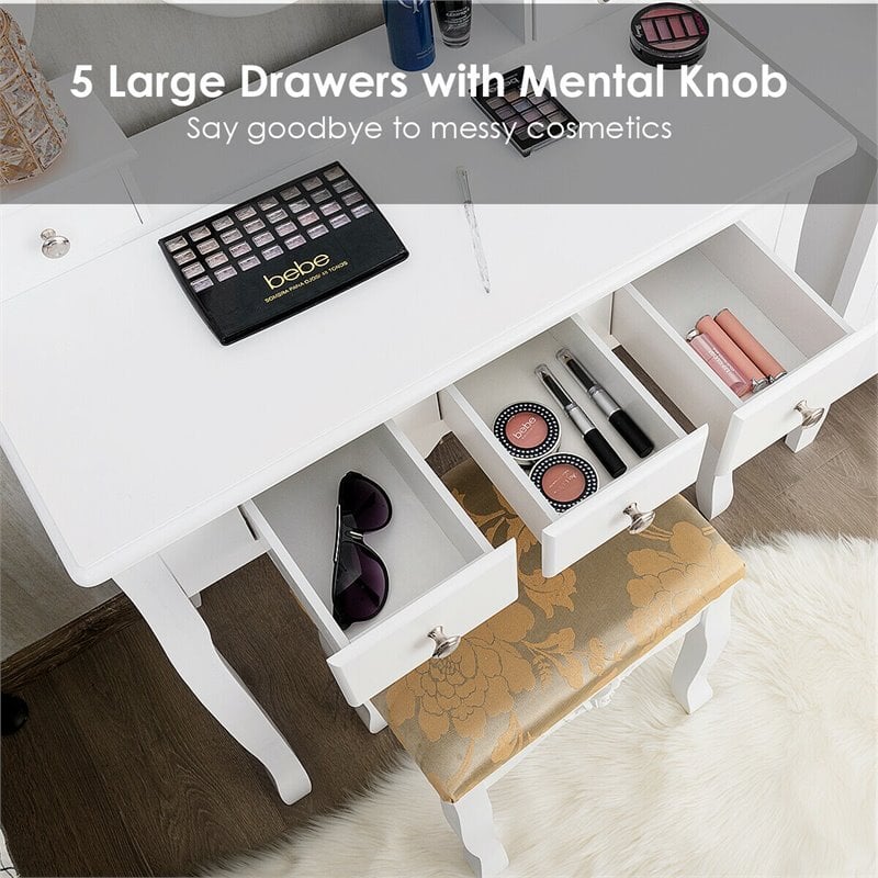 Costway MDF and Wood Vanity Dressing Table Set with Stool & Oval Mirror in White