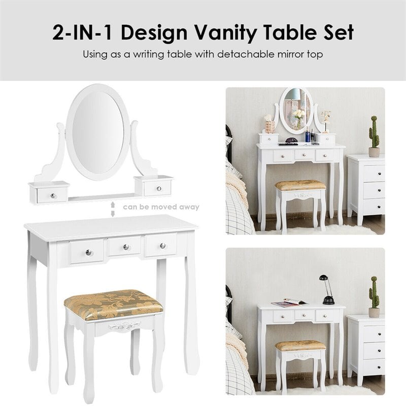 Costway MDF and Wood Vanity Dressing Table Set with Stool & Oval Mirror in White