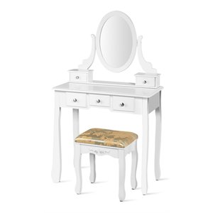 Costway MDF and Wood Vanity Dressing Table Set with Stool & Oval Mirror in White