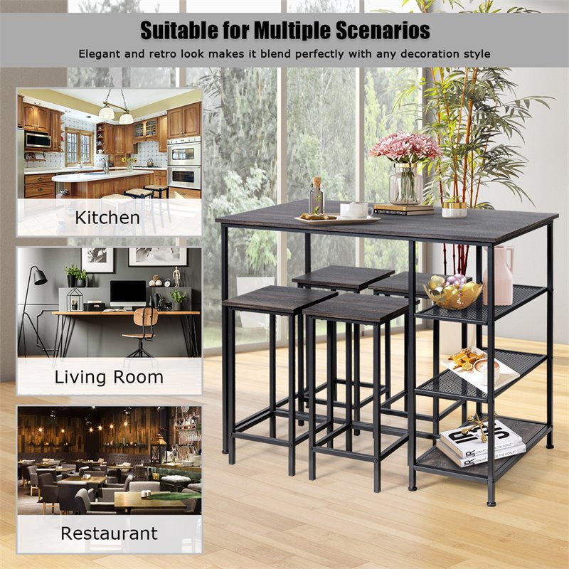 Costway 5-piece Engineered Wood Pub Table Set with Metal Frame in Black