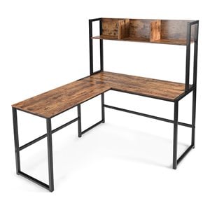 Costway 55&quot L-Shaped Wood Computer Desk with Hutch Bookshelf in Rustic Brown