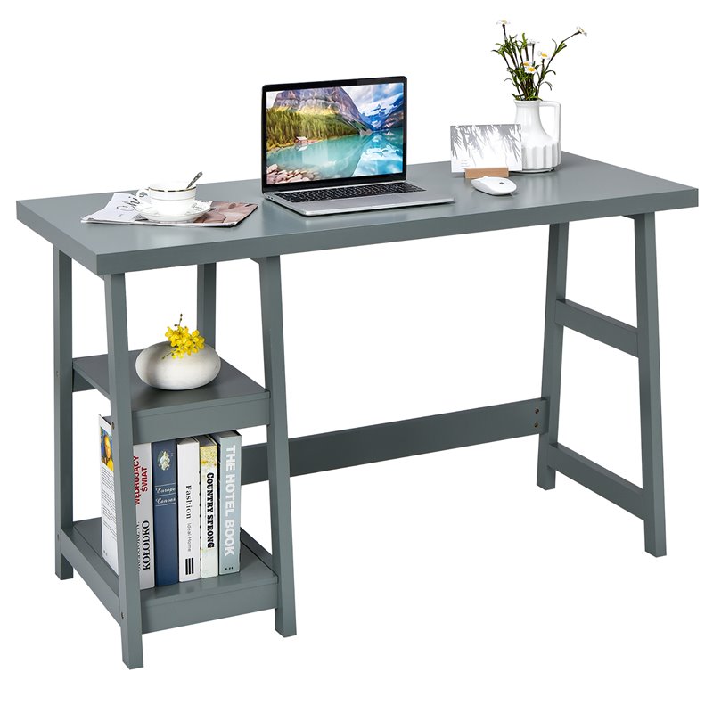 Costway Contemporary Engineered Wood Computer Desk with Removable Shelf in Gray