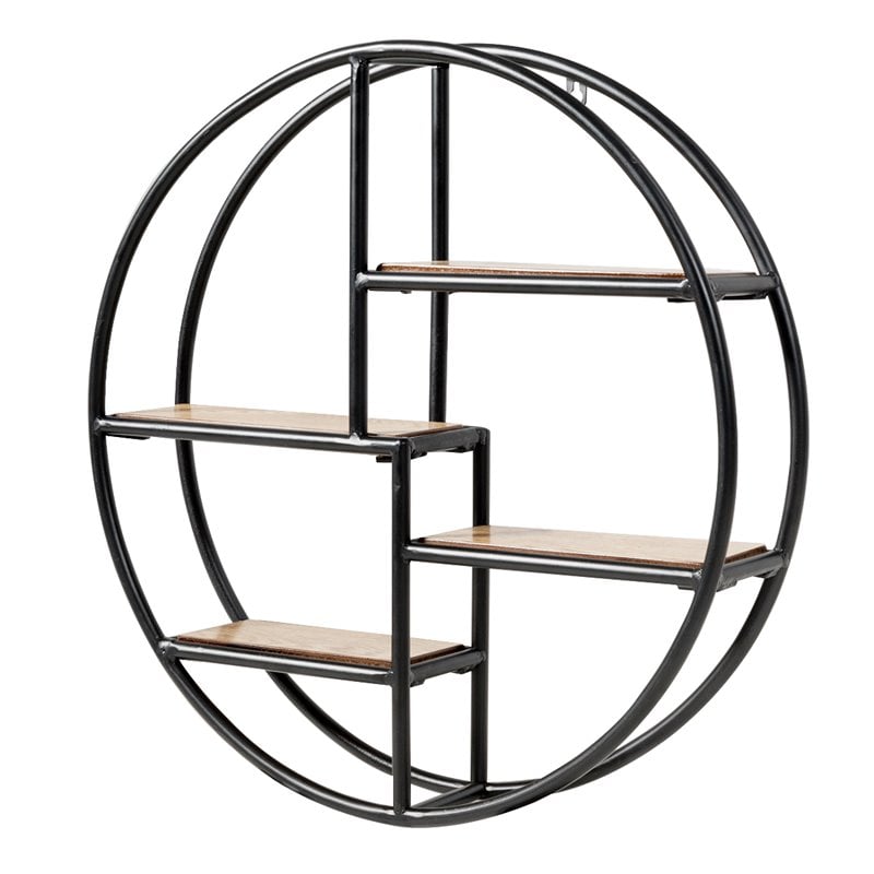 Costway Round Contemporary Wood and Iron Wall-mounted Storage Shelf in Black