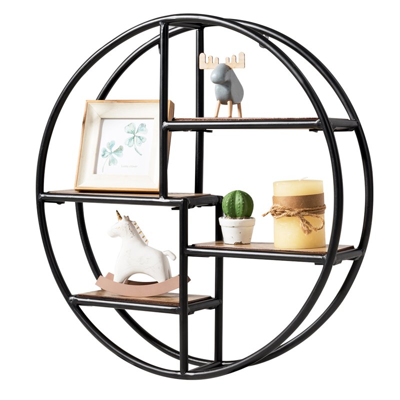 Costway Round Contemporary Wood and Iron Wall-mounted Storage Shelf in Black